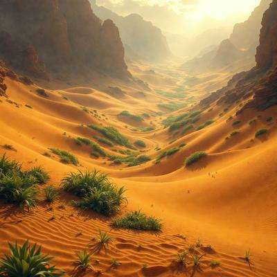 The image features a sandy desert landscape with a mountain range in the background. The primary subject is a large, lush green plant that stands out against the orange sand. The setting is a dry, arid environment with a sense of vastness and openness. The visual style is a combination of photo and digital art, creating a realistic yet artistic representation of the desert landscape. The colors and mood convey a sense of tranquility and serenity, with the green plant providing a touch of life and vibrancy